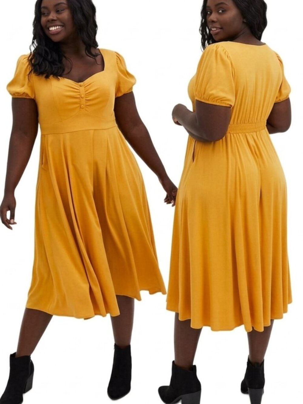 TORRID 2 Plus Size Midi Challis Skater Dress Mustard Yellow Short Sleeve Fall 2X